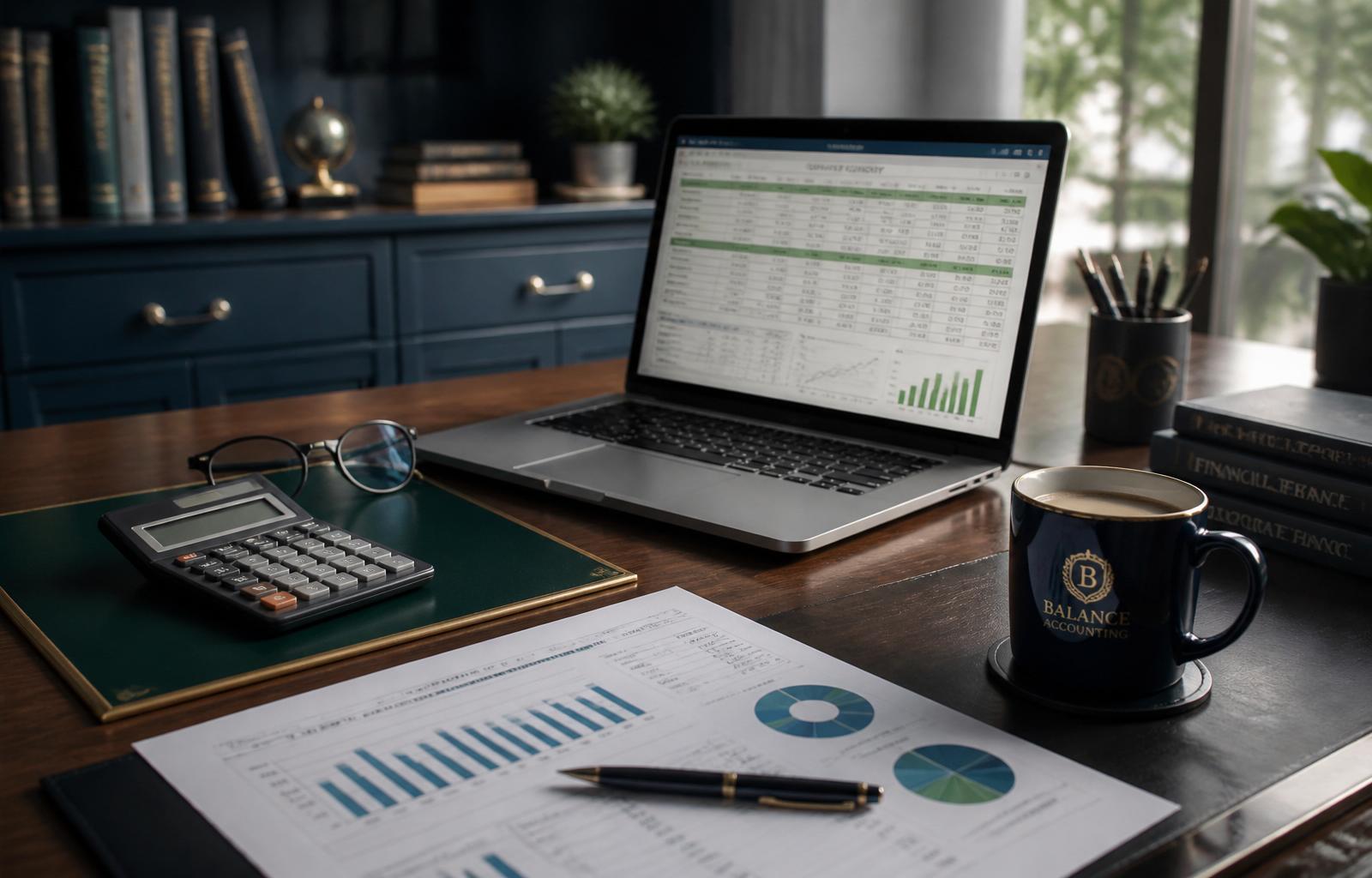 Escritório de contabilidade com laptop, calculadora e relatórios financeiros